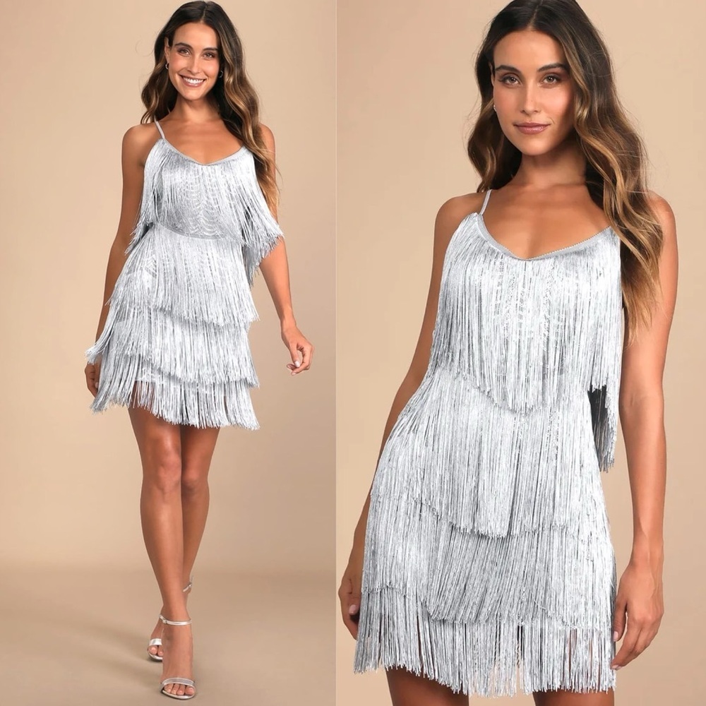 Lulu’s Get in the Groove Silver Sequin Fringe Bodycon Dress in Silver
